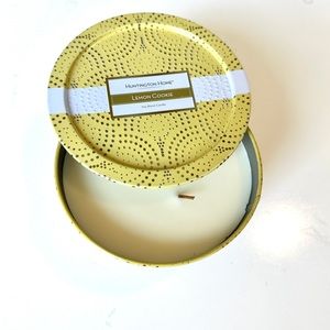 Huntington Home Lemon Cookie Candle with 3 wicks in decorative yellow gold tin.